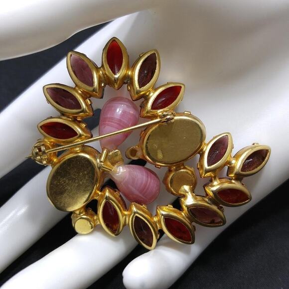 Vintage Purple Red Glass Rhinestone Brooch, Pink Lucite Beads, 2 1/4 Inches - Picture 3 of 8